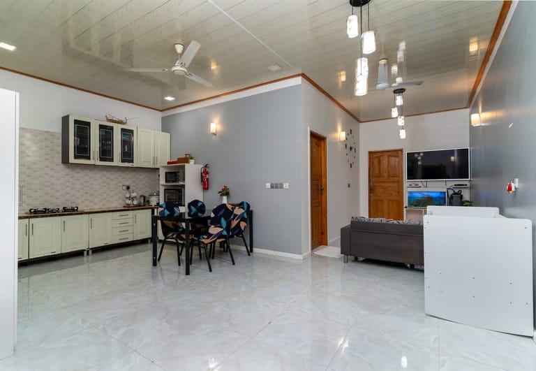 Open-plan interior: kitchen, dining area, and living room in one space