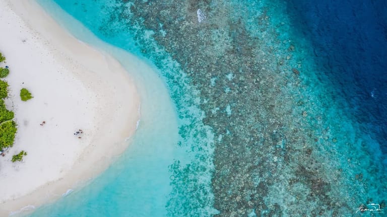 Aerial view of Ukulhas island and its turquoise lagoon