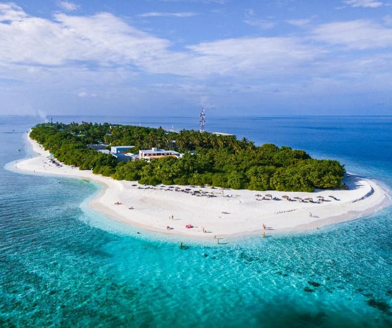 Aerial view of Ukulhas island, Maldives — the island where Maafolhey is located